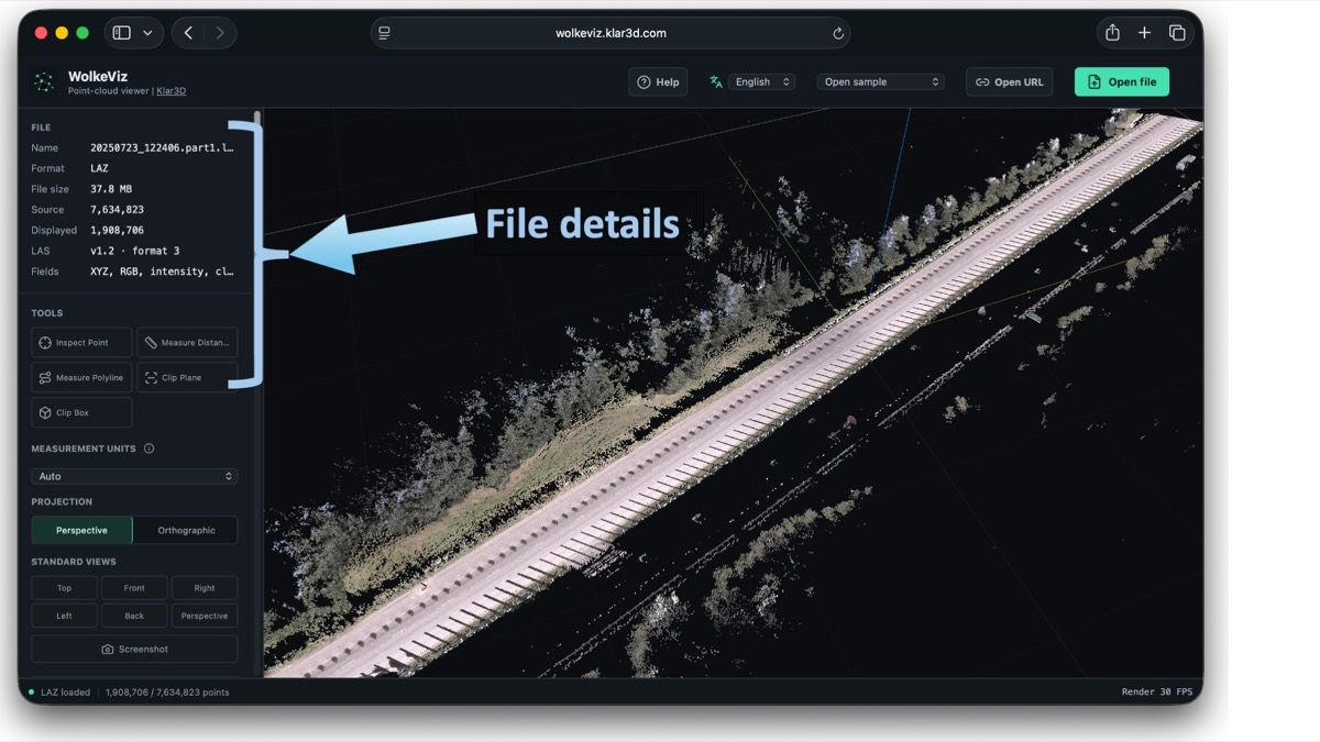 Loaded LAZ LiDAR dataset in WolkeViz with file details including format, file size, point counts, and available fields
