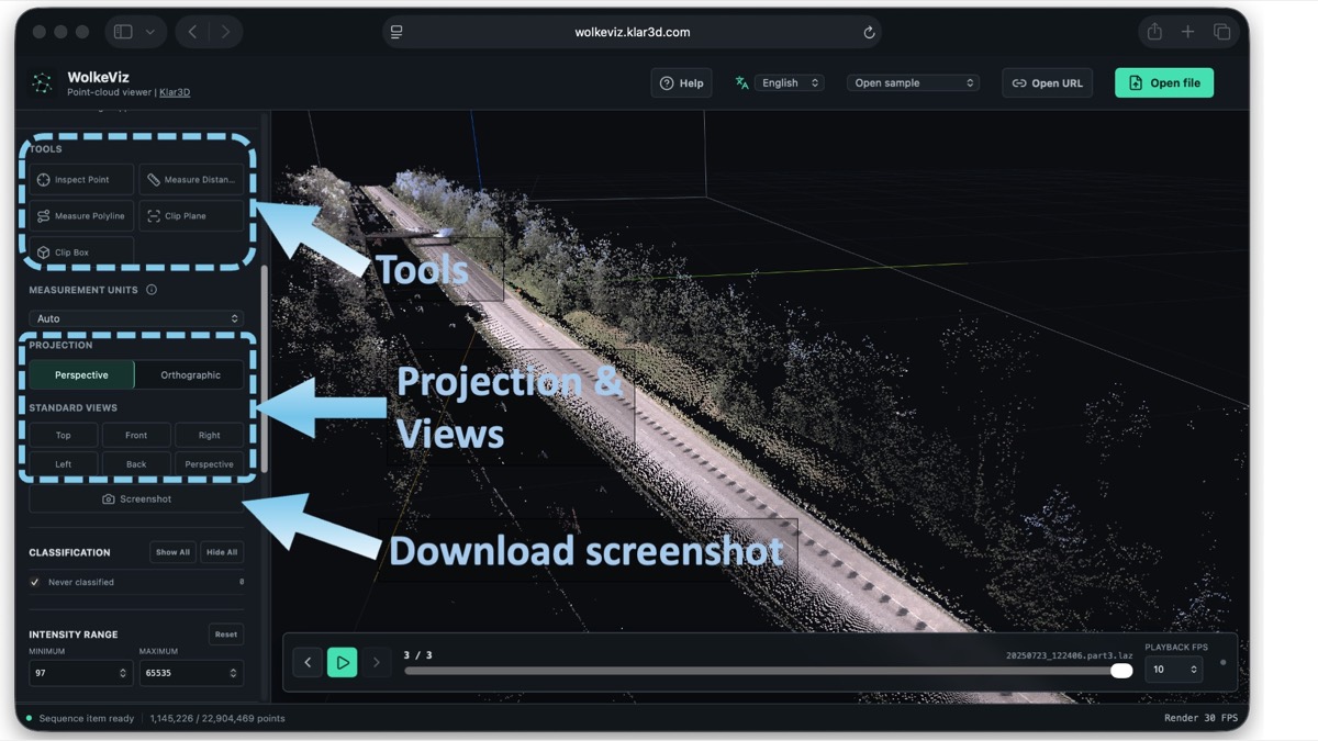 WolkeViz LiDAR viewer showing the tools panel, perspective and orthographic projection choices, standard views, and screenshot control
