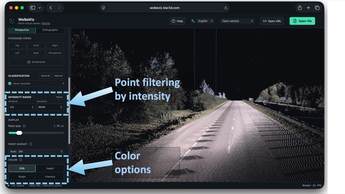 WolkeViz LiDAR controls for intensity filtering, point size, and colour modes including RGB, height, and intensity