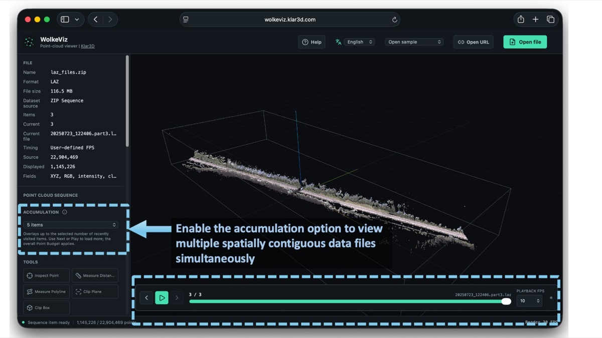 WolkeViz accumulation control and playback buttons used to view multiple spatially contiguous LiDAR files together