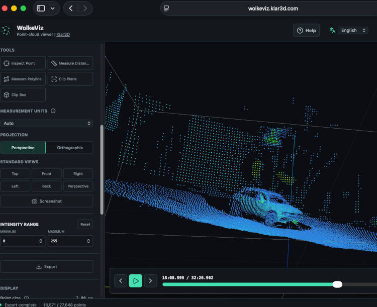 WolkeViz displaying a synthetic ROS 2 MCAP PointCloud2 recording and timeline controls