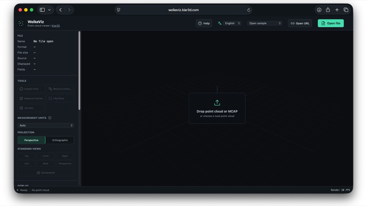 WolkeViz open in a desktop browser and ready to load a local MCAP or point-cloud file