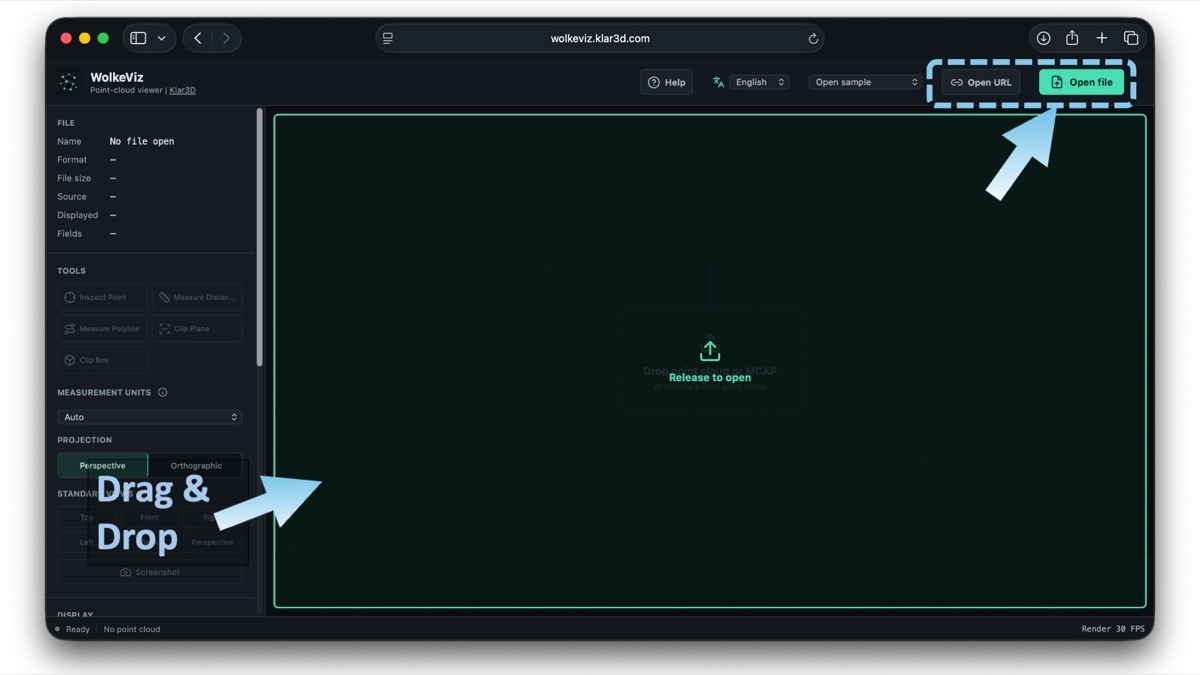 WolkeViz Open file button and drag-and-drop target for loading a local MCAP recording