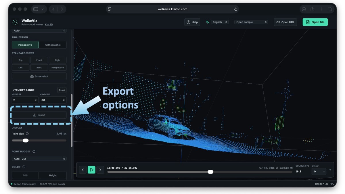 WolkeViz Export button visible in the left-side tools panel of a loaded MCAP recording