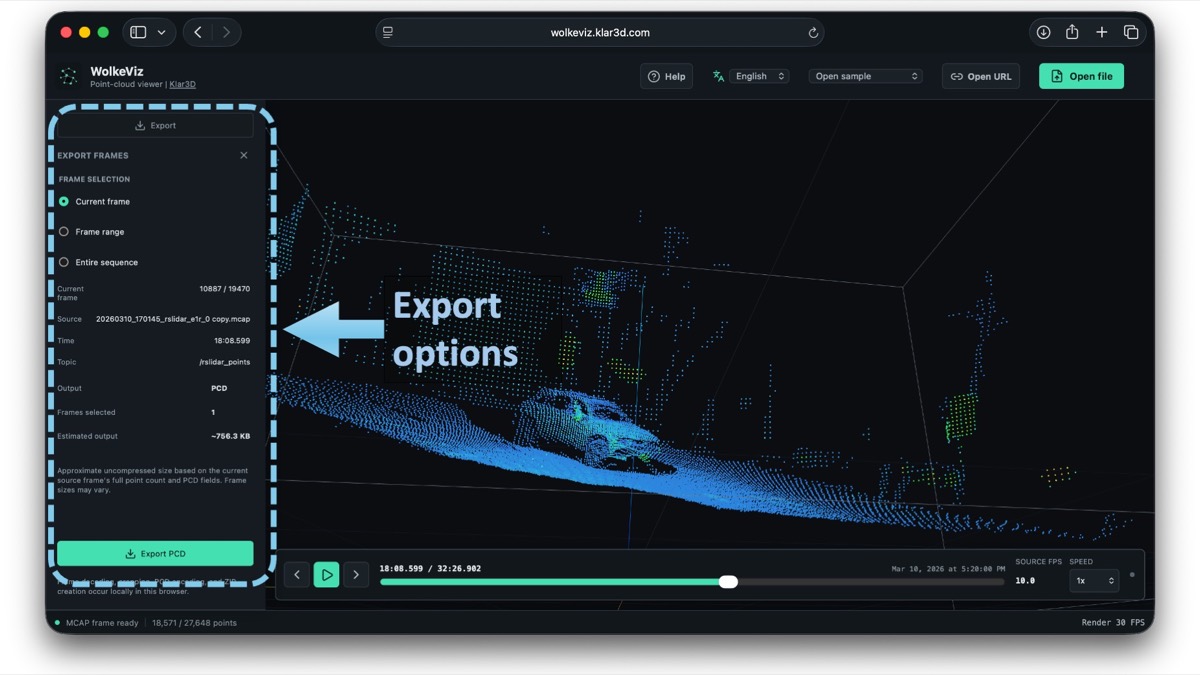 WolkeViz export panel showing the current-frame PCD export option for an MCAP PointCloud2 recording
