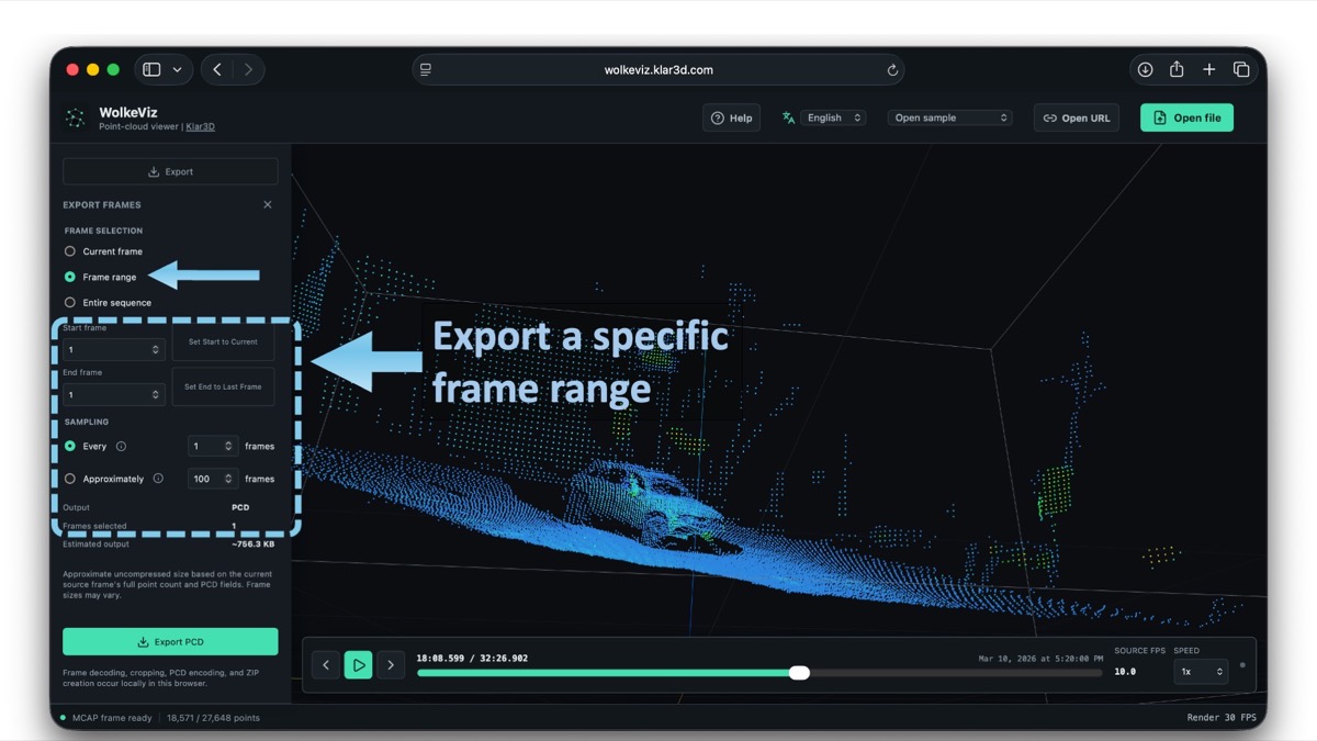 WolkeViz export panel with frame range controls for selecting a specific section of a PointCloud2 recording