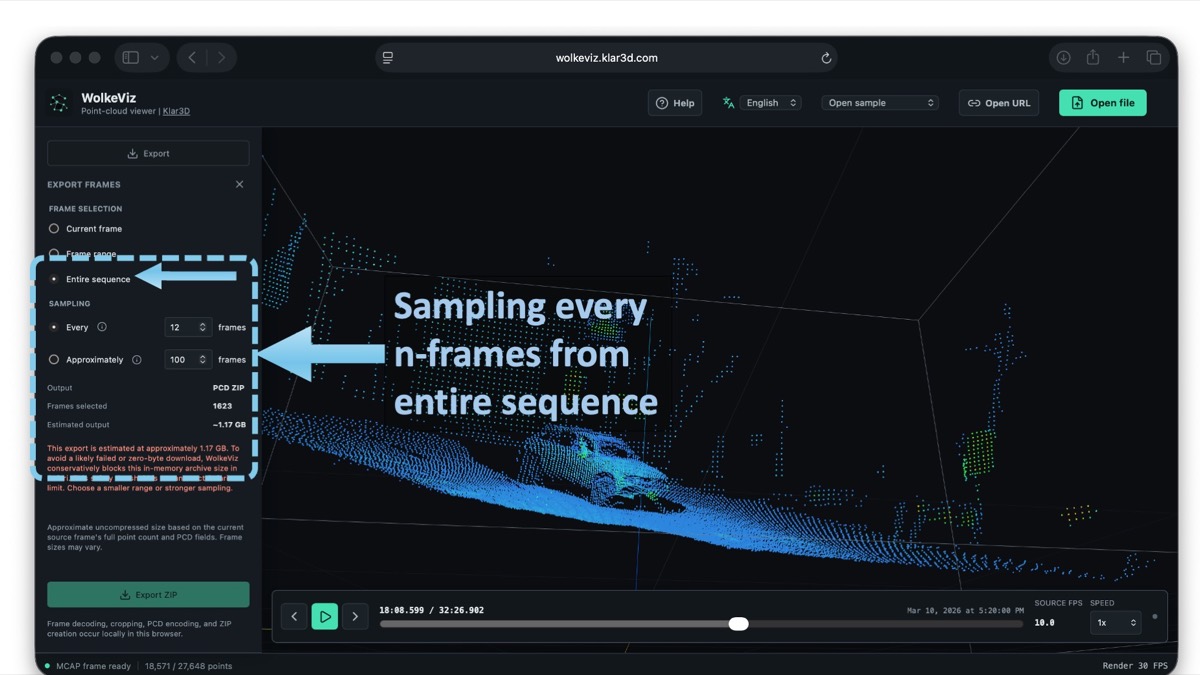 WolkeViz export panel configured to sample every N frames from the entire MCAP PointCloud2 sequence