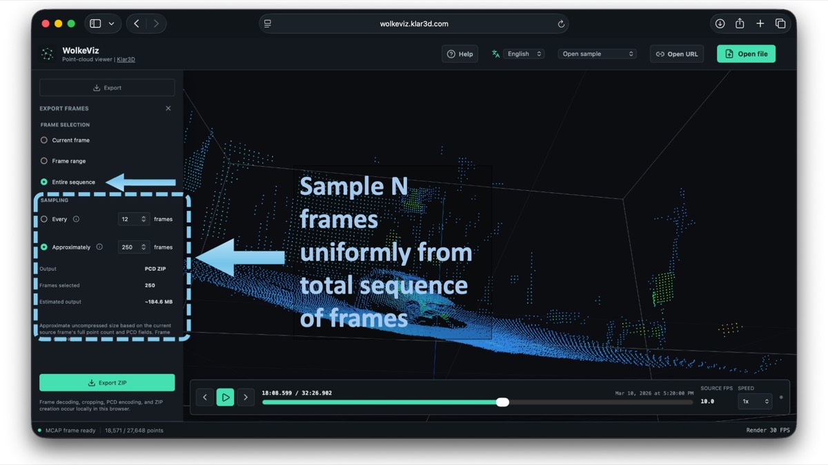 WolkeViz export panel configured to sample a fixed number of equally spaced PointCloud2 frames from an entire MCAP sequence