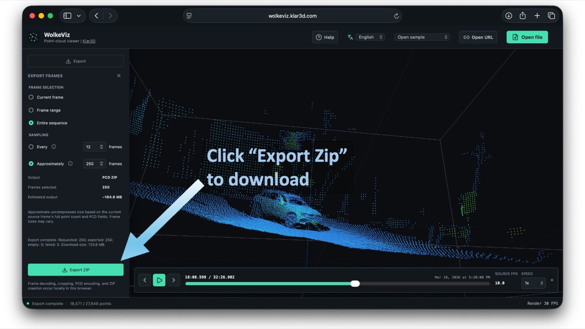 WolkeViz Export ZIP button for downloading selected PointCloud2 frames as PCD files in a ZIP archive