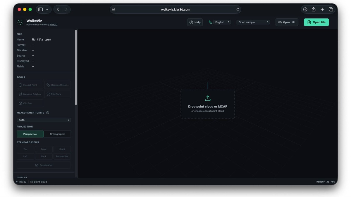 WolkeViz open in a desktop browser, ready to load a local point cloud or MCAP recording