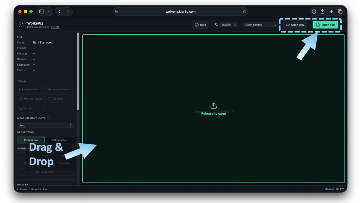 WolkeViz Open file button and drag-and-drop area for loading a local MCAP or point-cloud file