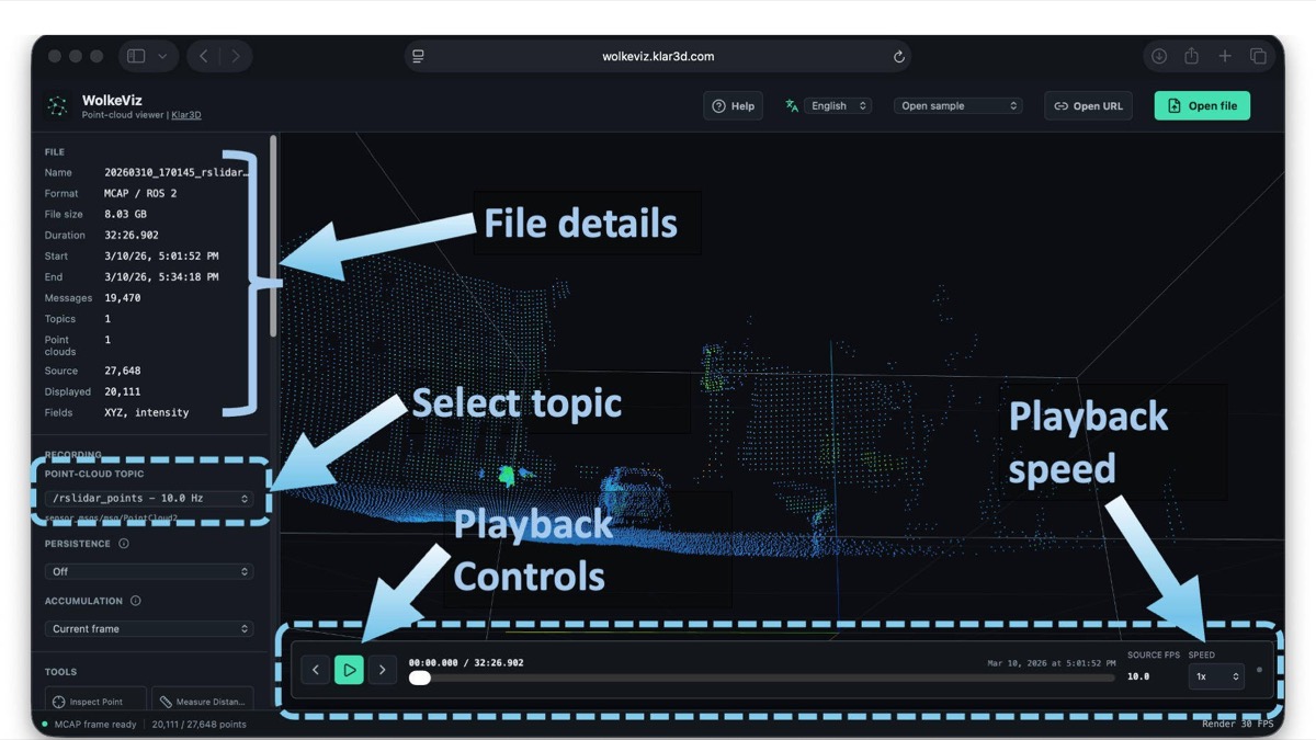 Loaded ROS 2 MCAP recording in WolkeViz with file details, PointCloud2 topic selector, playback controls, and playback speed