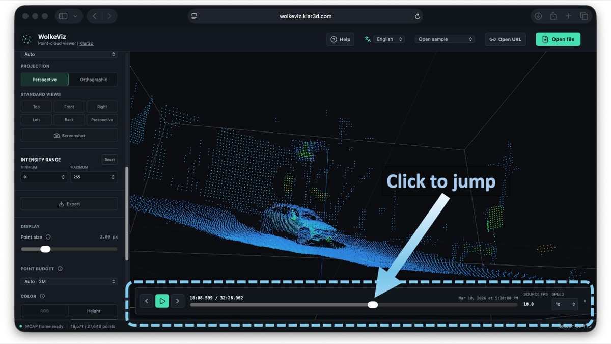 WolkeViz PointCloud2 playback timeline showing the seek bar used to jump to another point-cloud frame