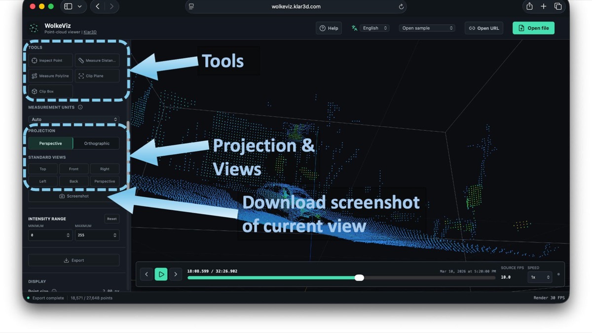 WolkeViz tools panel with point inspection, measurement, clipping, projection choices, standard views, and screenshot control