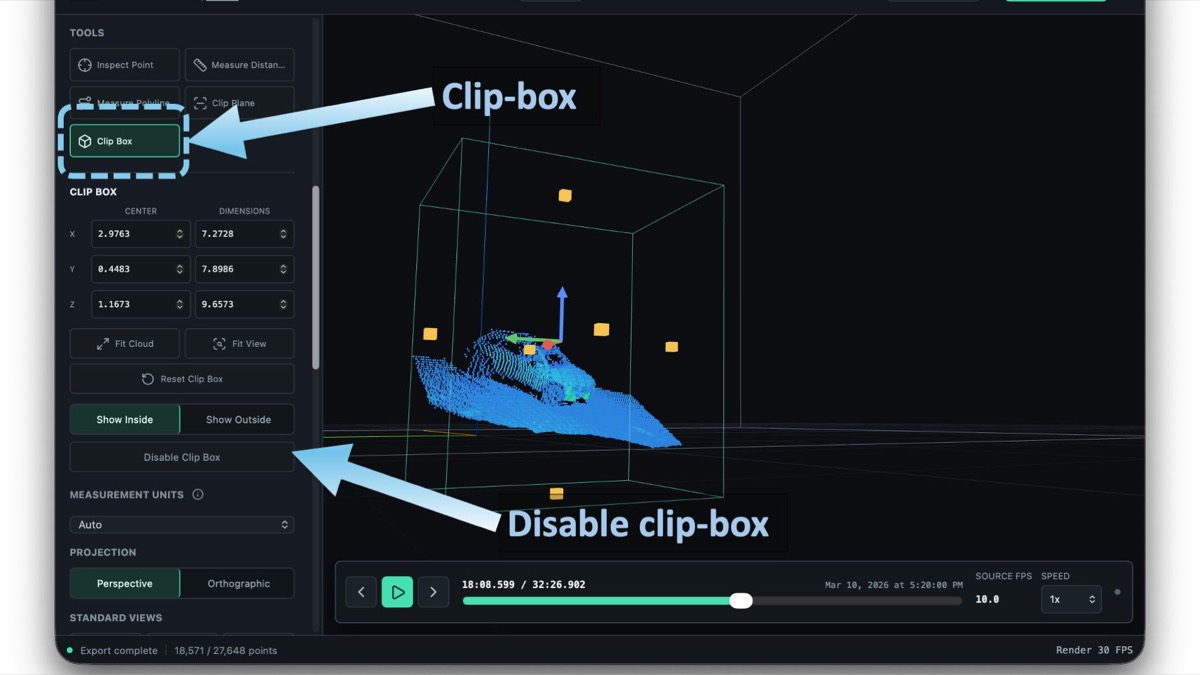 WolkeViz Clip Box tool showing an adjustable three-dimensional crop box around a selected part of a point cloud