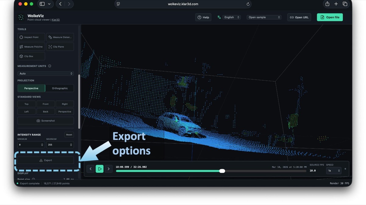 WolkeViz Export button in the left panel for downloading the current PointCloud2 frame or a selected range of frames