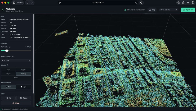WolkeViz displaying a classified aerial LiDAR point cloud in a browser