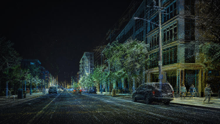 RGB-colored urban point cloud showing a city street