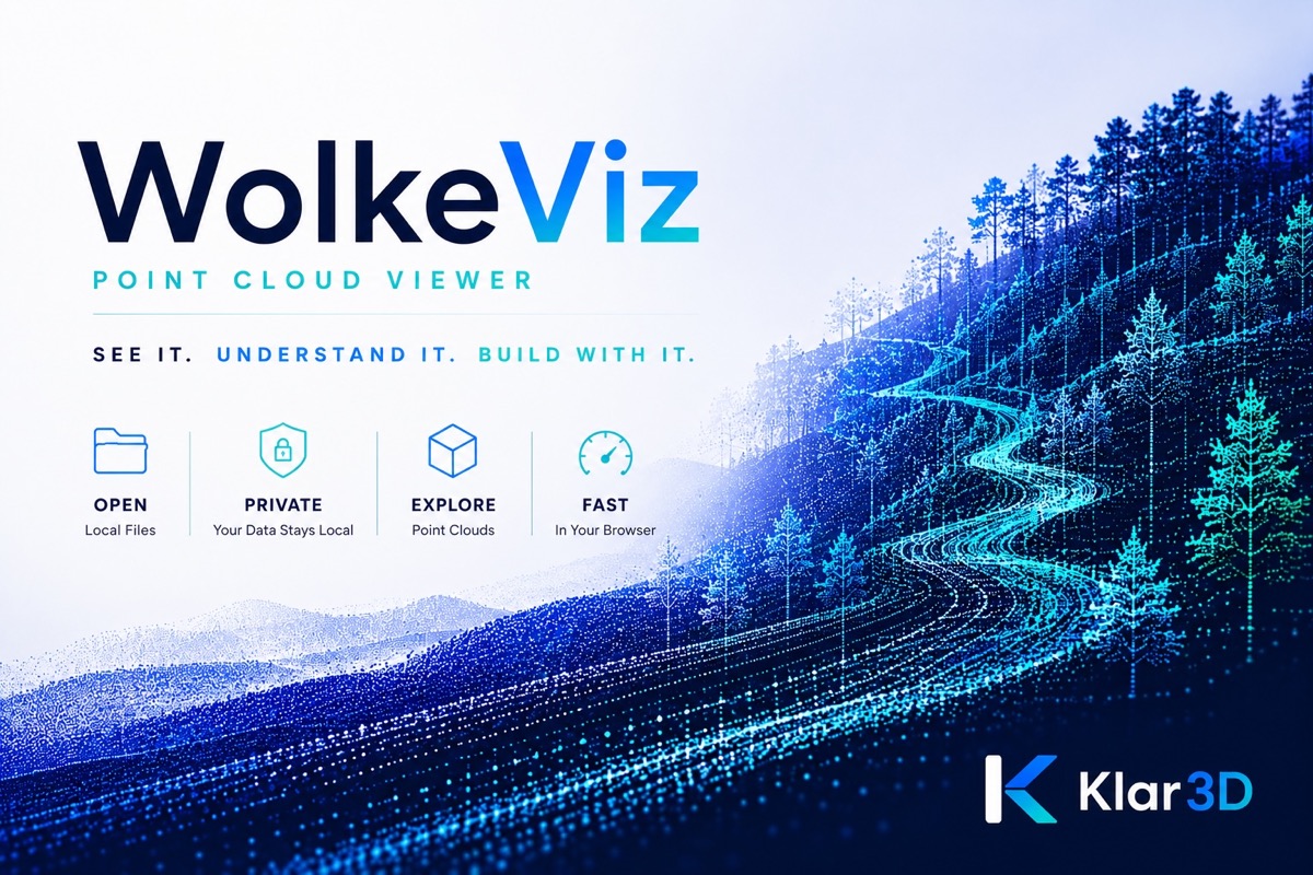 WolkeViz point-cloud viewer banner showing a LiDAR landscape and local, private, browser-based workflow